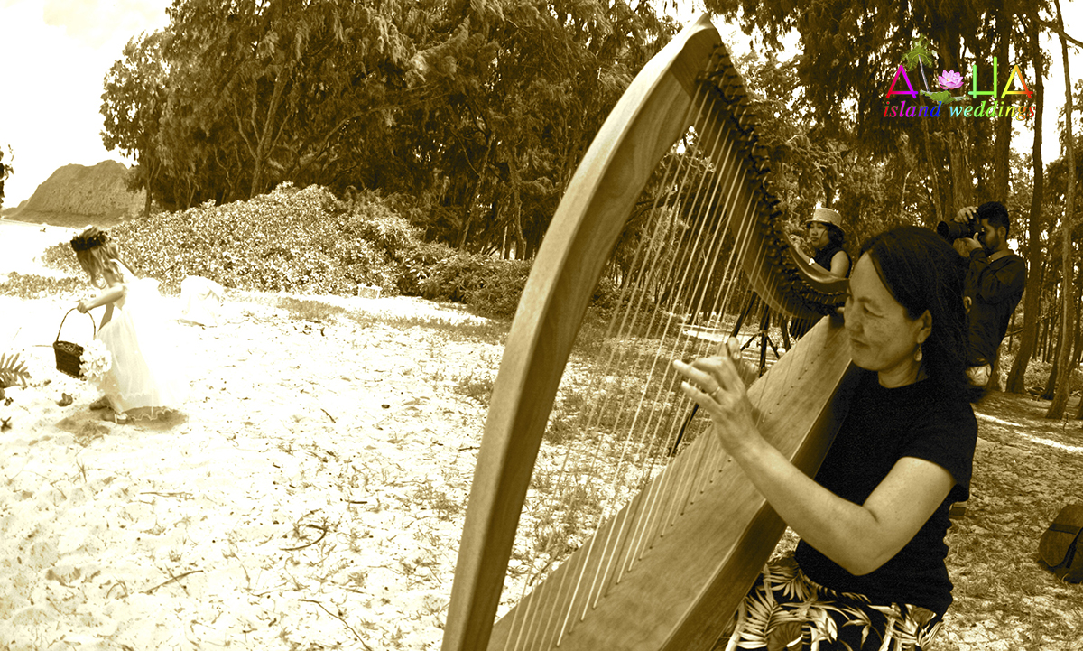 Sharene playing the harp on the beach as the flower girl walks down the aisle, in sepia tones